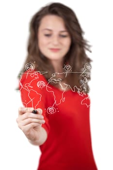 Young woman drawing a social map on white whiteboard