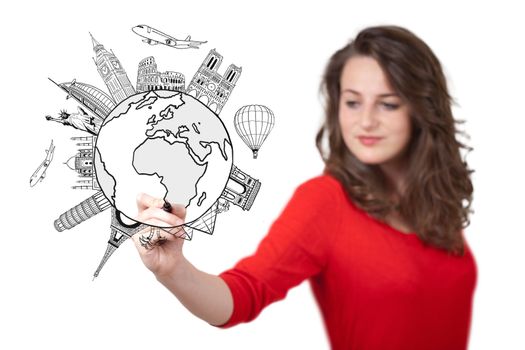 Young woman drawing a globe on whiteboard isolated on white