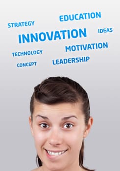 Young girl head looking at business icons and images
