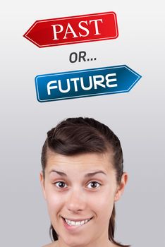 Young girl head looking with gesture at positive negative signs