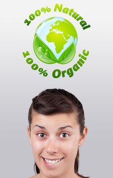 Young girl head looking at green eco sign