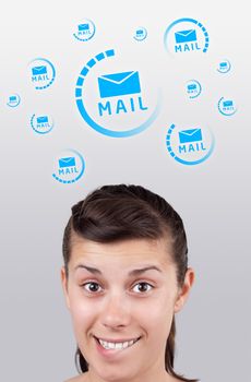 Young girl head looking with gesture at support contact type of icons and signs