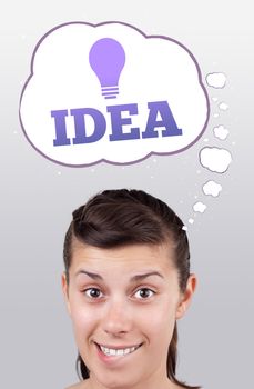 Young girl head looking with gesture at idea type of sign