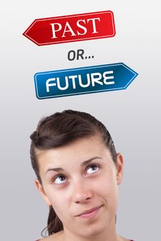 Young girl head looking with gesture at positive negative signs