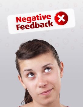 Young girl head looking with gesture at positive negative signs