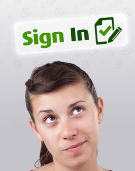 Young gril head looking with gesture at internet type of icons