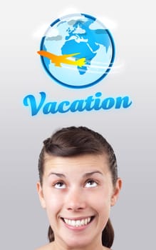 Young girl head looking with gesture at vacation type of sign