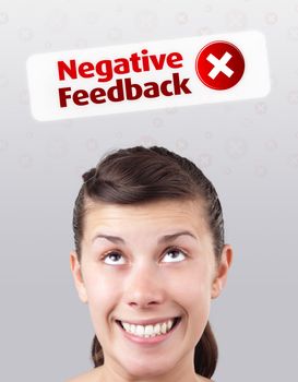 Young girl head looking with gesture at positive negative signs