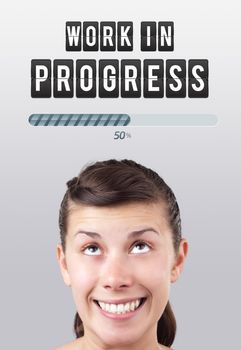Young girl head looking with gesture at idea type of sign