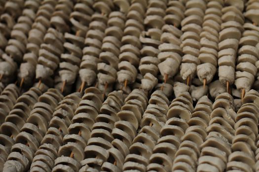 Tofu kebabs waiting to be prepared in a Chinese market
