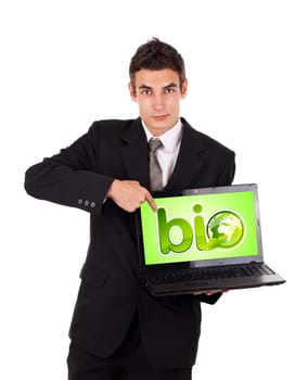 Business man pointing at a laptop with bio sign, isolated on white