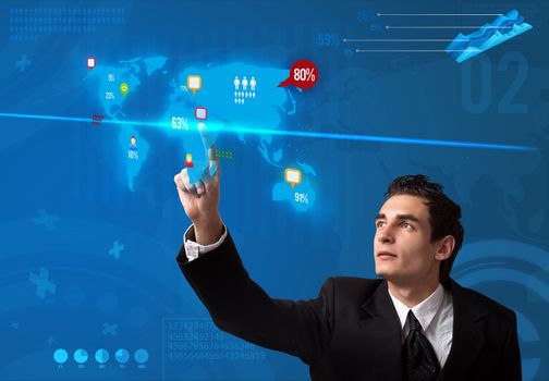 Businessman pressing social media button on digital map, futuristic technology