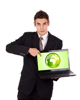 Business man pointing at eco world isolated on white