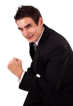 very happy energetic businessman with his arms raised, isolated on white