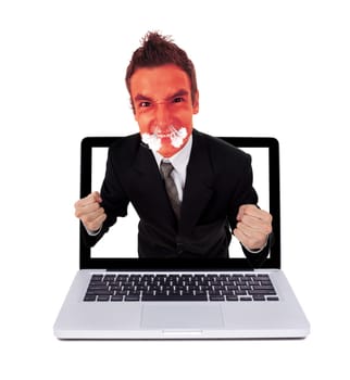 Angry man coming out from laptop, isolated on white
