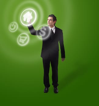 Business man choosing home button, futuristic digital technology