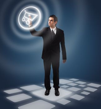 Business man pressing  shopping cart button, futuristic digital technology