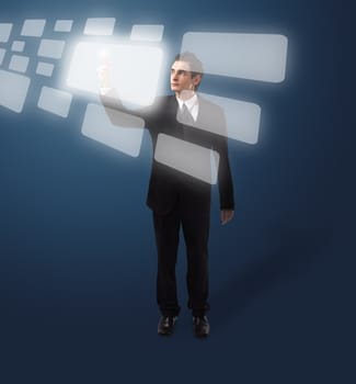Business man pressing a touchscreen button, futuristic digital technology