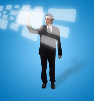 Business man pressing a touchscreen button, futuristic digital technology