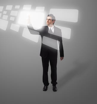 Business man pressing a touchscreen button, futuristic digital technology