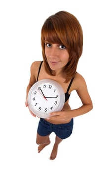 Young woman with clock - time concept, isolated on white