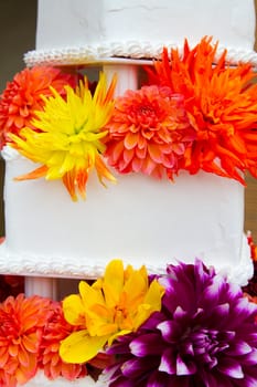 A very traditional white wedding cake at the reception for a bride and groom on their wedding day.