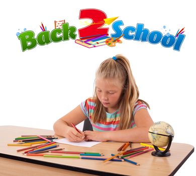 Young girl drawing on desk with back to school theme isolated on white