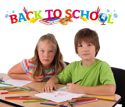 Kids in bench with back to school theme isolated on white