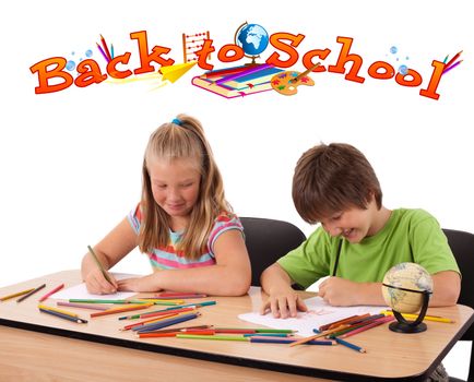 Kids in bench with back to school theme isolated on white