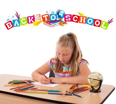 Young girl drawing on desk with back to school theme isolated on white