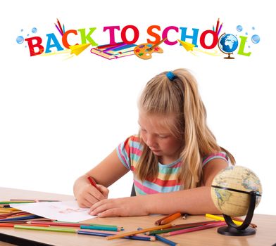 Kid in bench with back to school theme isolated on white