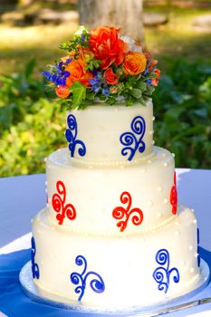 A very traditional white wedding cake at the reception for a bride and groom on their wedding day.