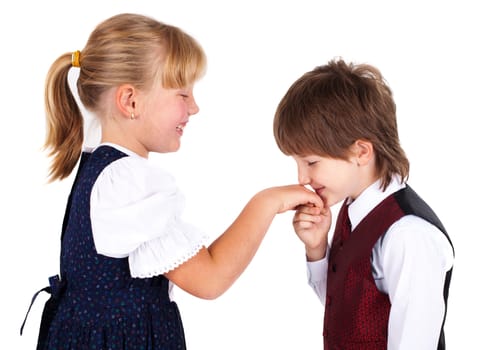 Little boy kissing hand, isolated on white background