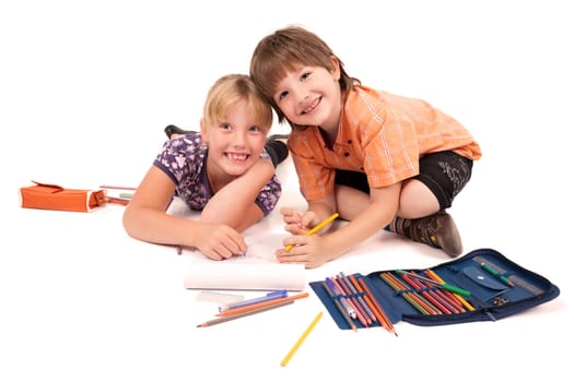 kids posing for back to school theme over white background