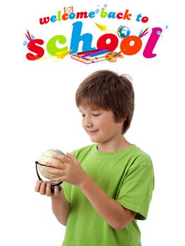 Kid with back to school theme isolated on white