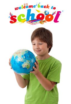 Kid with back to school theme isolated on white