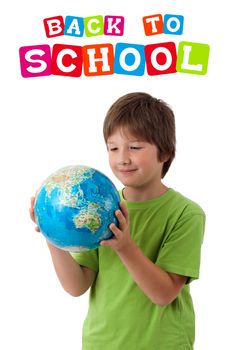 Kid with back to school theme isolated on white