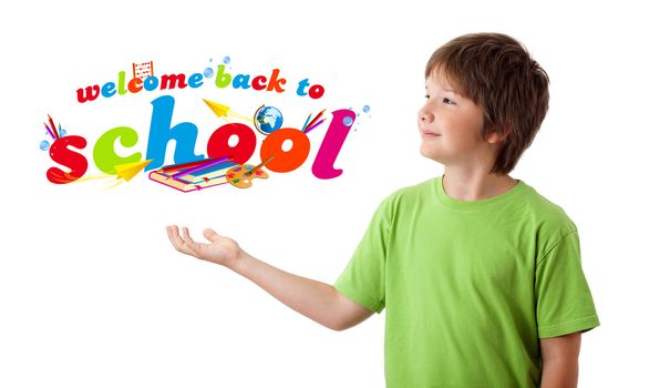 Boy with back to school theme isolated on white