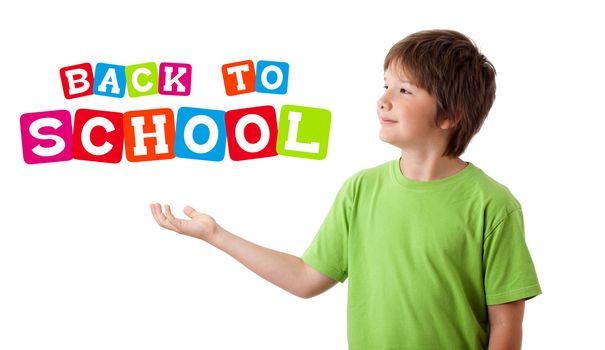 Boy with back to school theme isolated on white
