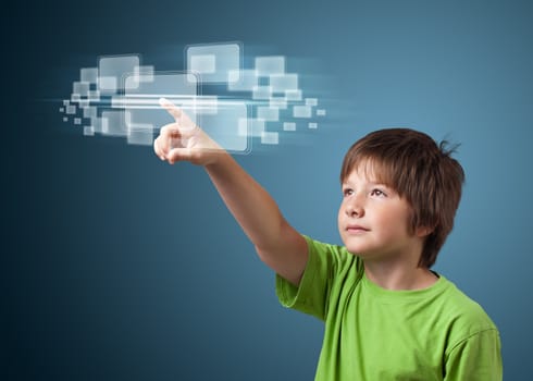 Businessman pressing high tech type of modern buttons on a virtual background