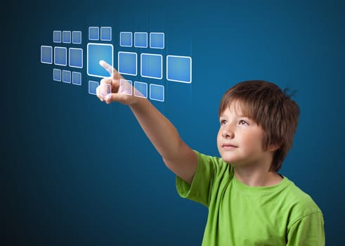 Businessman pressing high tech type of modern buttons on a virtual background