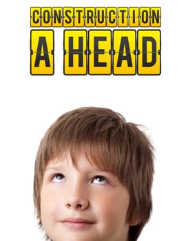 Young persons head looking with gesture at idea type of sign