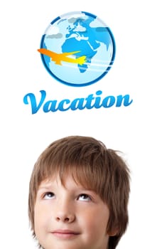 Young persons head looking with gesture at vacation type of sign