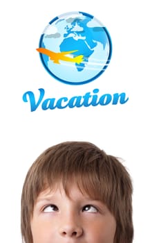 Young persons head looking with gesture at vacation type of sign