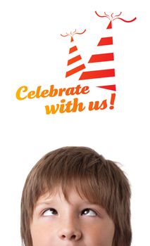 Young persons head looking with gesture at party icons and sign
