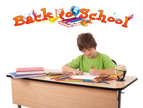 Child drawing on desk with back to school theme on back, isolated on white