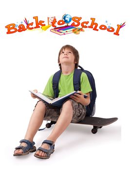 Kid with skateboard and books with back to school theme isolated on white