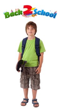 Kid with skateboard with back to school theme isolated on white