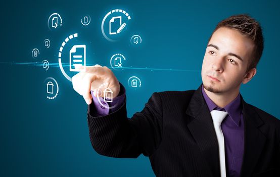 Businessman pressing messaging type of modern icons with virtual background