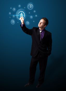 Businessman pressing promotion and shipping type of modern buttons